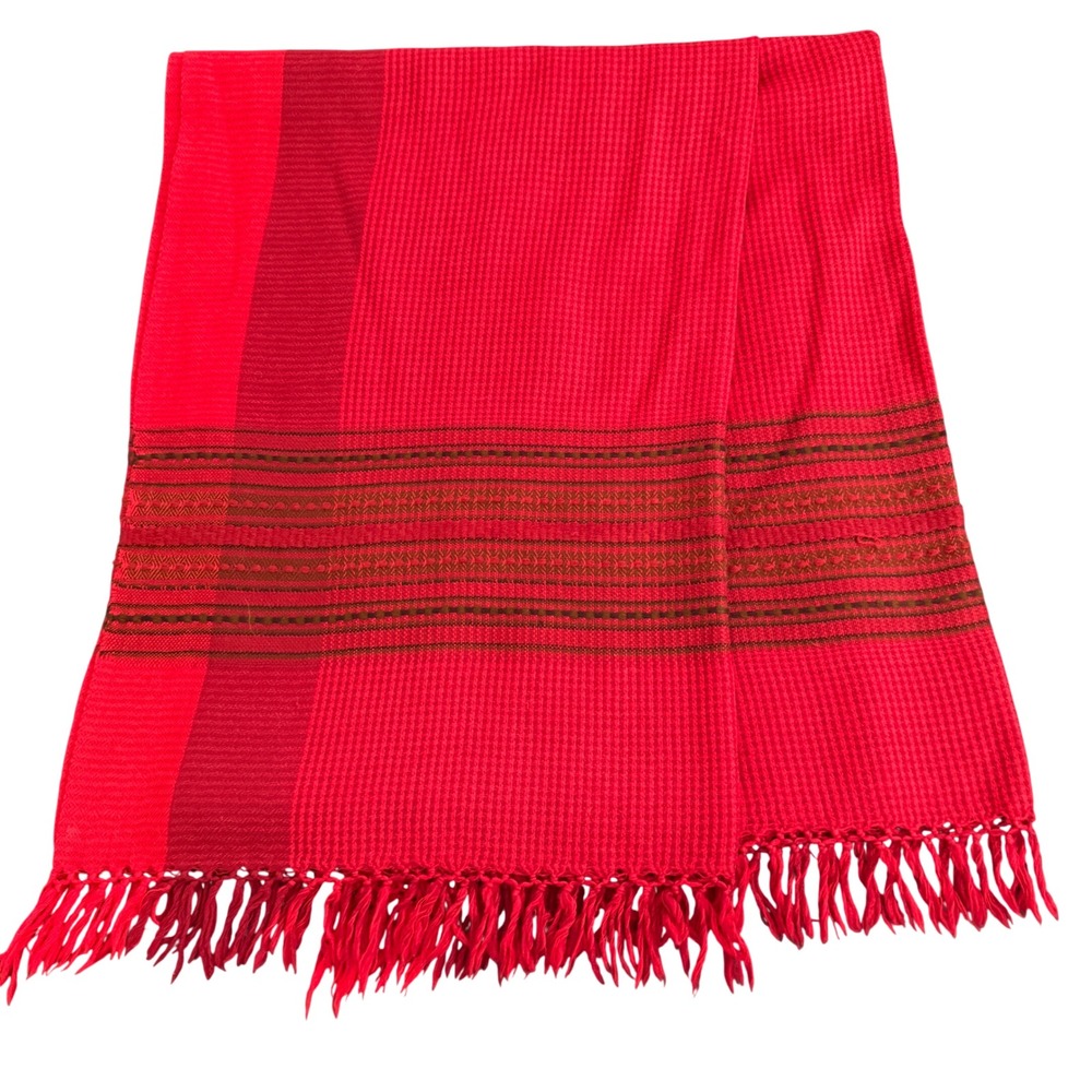 Vibrant‎ Red Striped Woven Scarf Fringe Accent